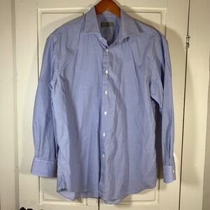 Canali 1934 Mens Blue Striped Dress Shirt Spread Collar Made Italy Sz 17.5 READ